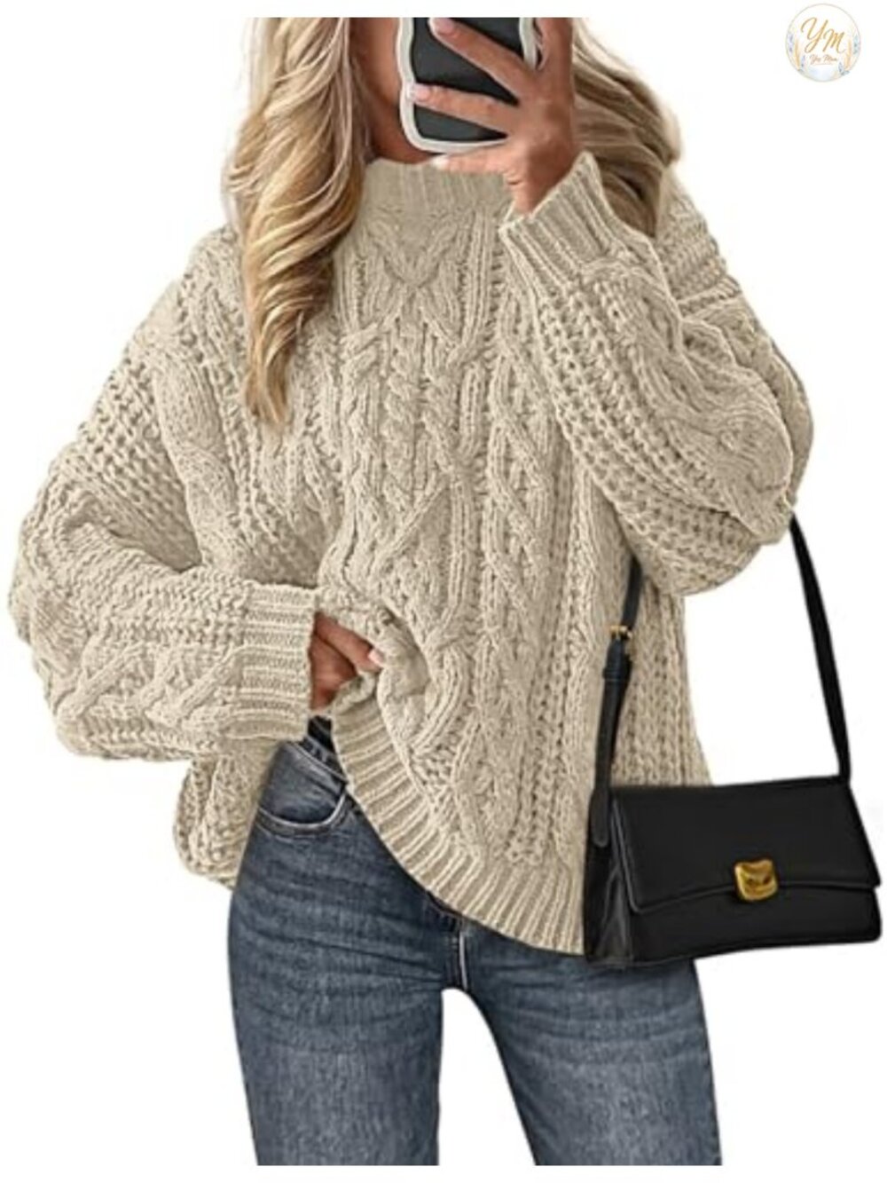 Oversized Chunky Cable Knit Crew Neck Sweater Cozy Pullover